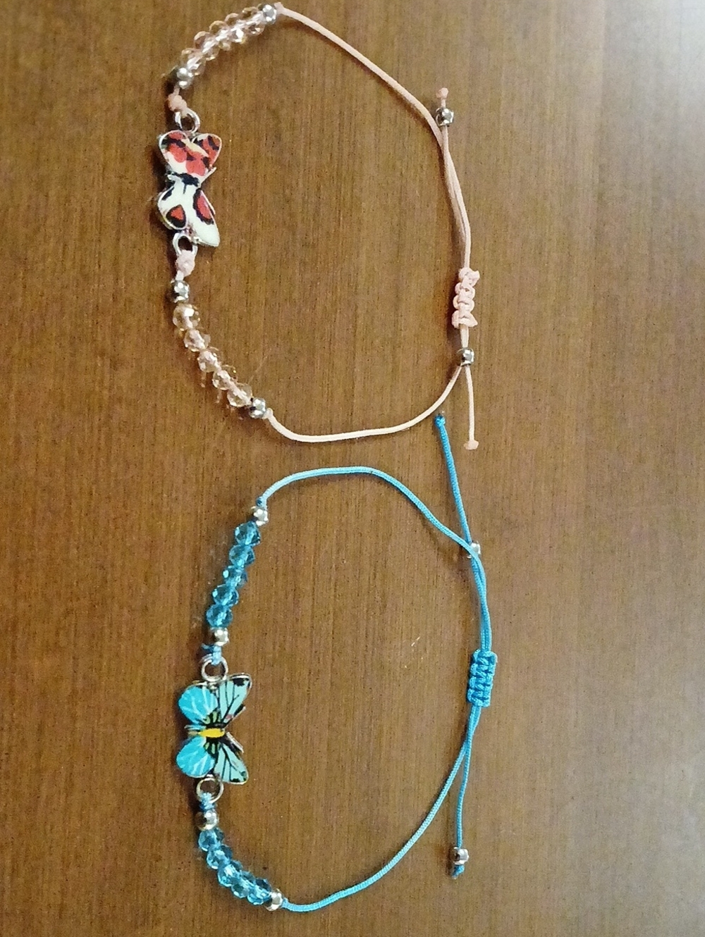 Butterfly Charm Adjustable Beaded Bracelet Set Of 2  - Pink & Turquoise
